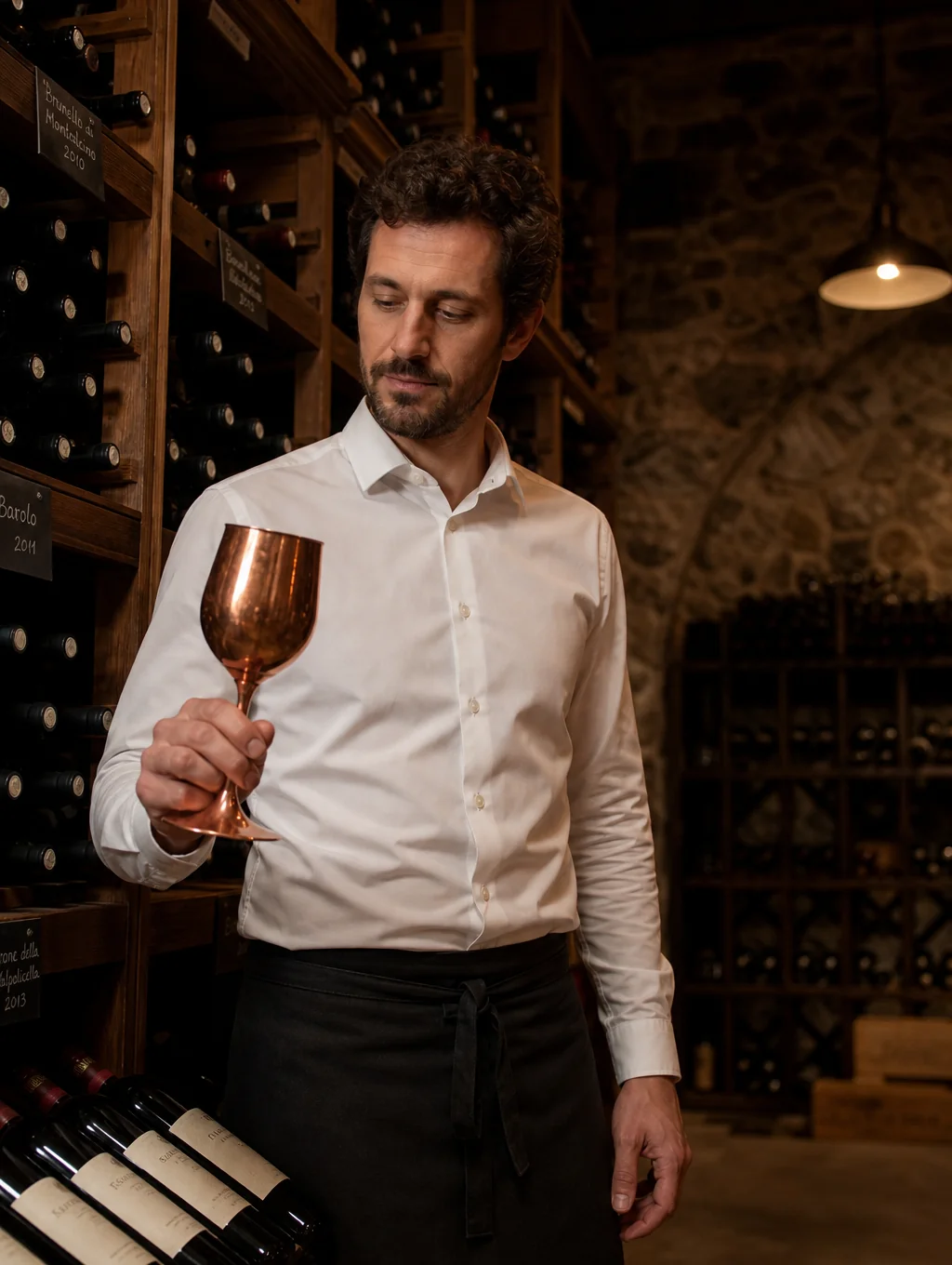 Elena Rossi selecting a vintage wine in the CUCINA cellar