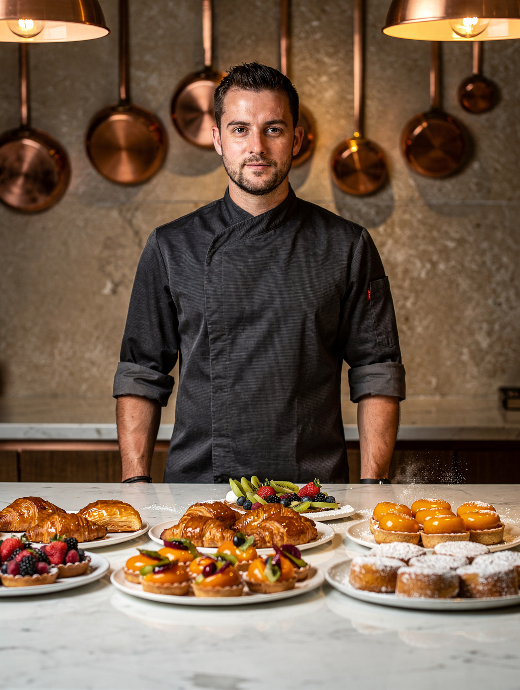 Chef Luca Bianchi finishing a dessert with fresh berries