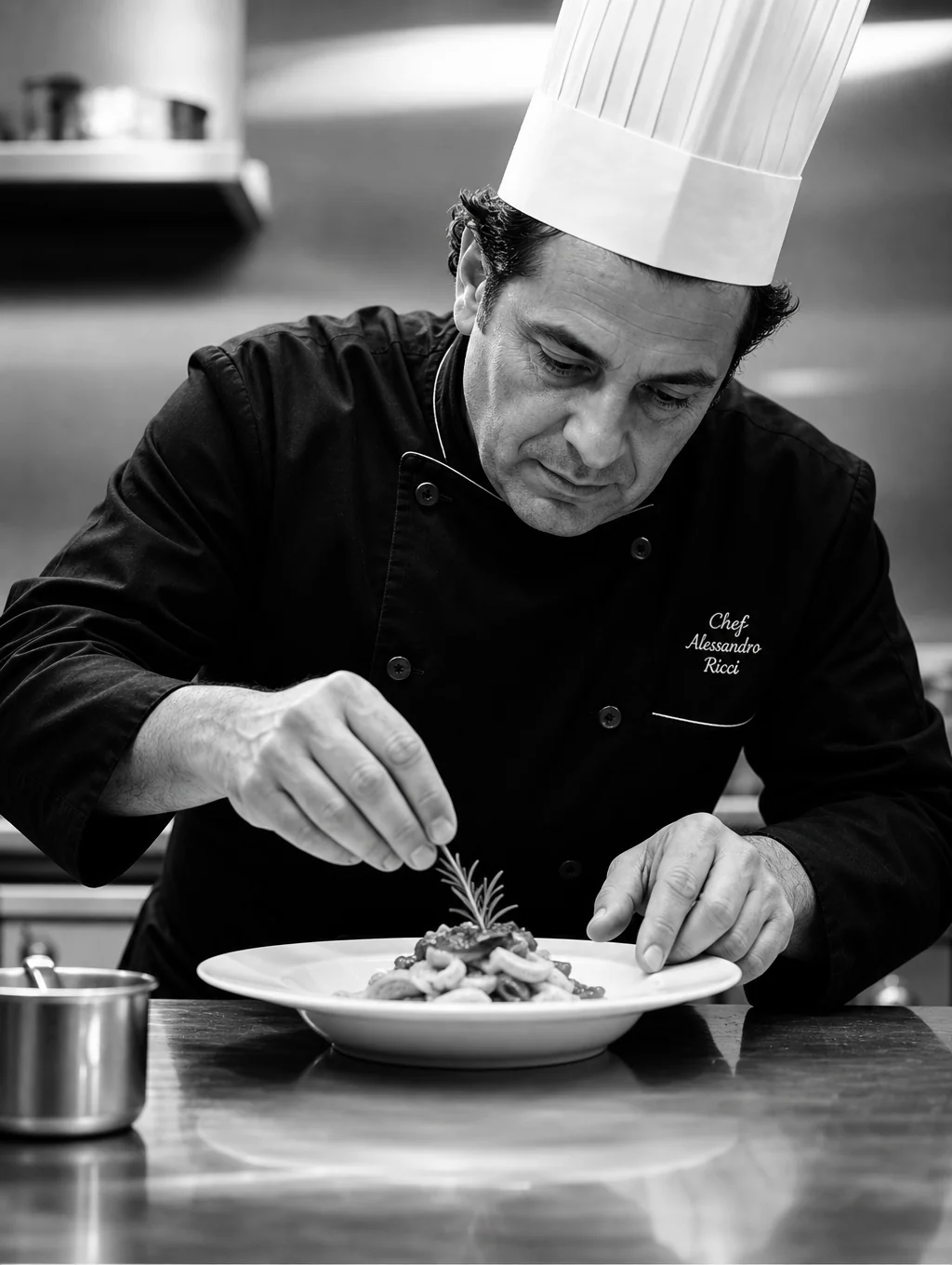 Executive Chef Marco Valenti plating a signature pasta dish in CUCINA kitchen