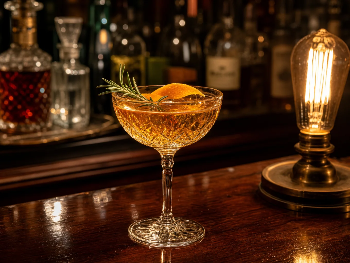 Handcrafted cocktail glass surrounded by fresh herbs and wood embers