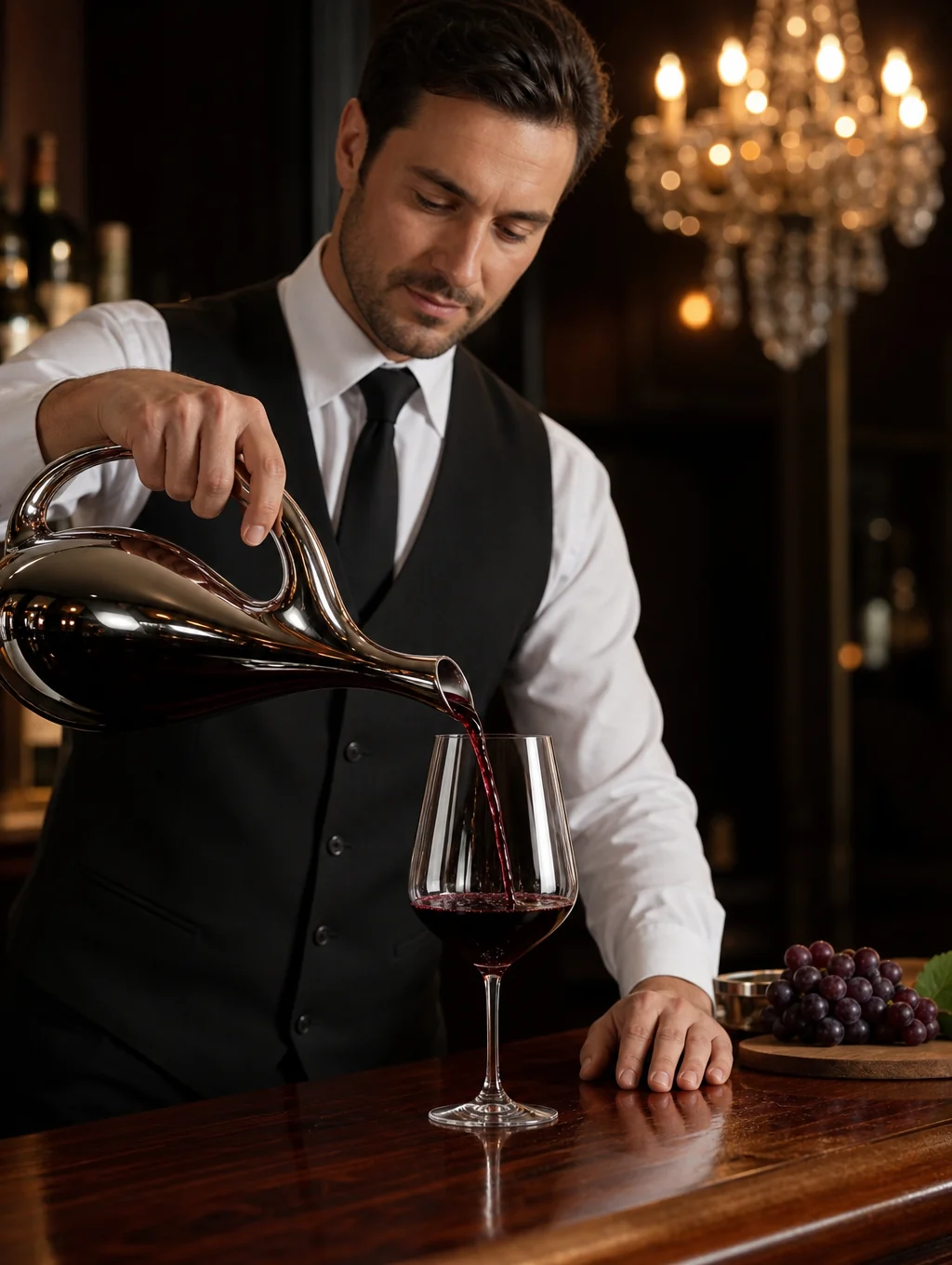 Sommelier pouring vintage Italian red wine
