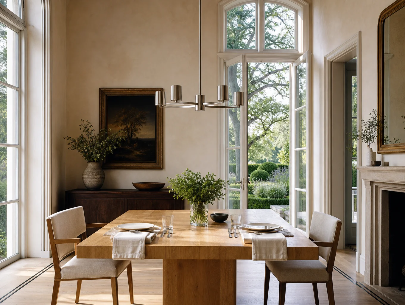 Bright airy restaurant dining room with linen tables and plants
