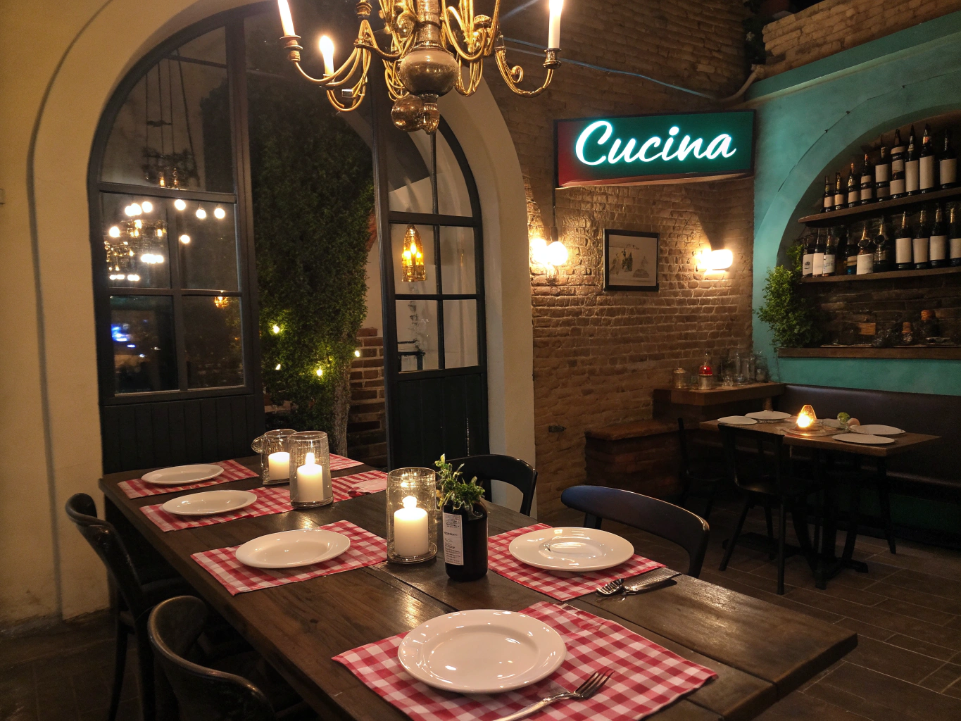 Main dining room at CUCINA with soft candlelight and elegant table settings