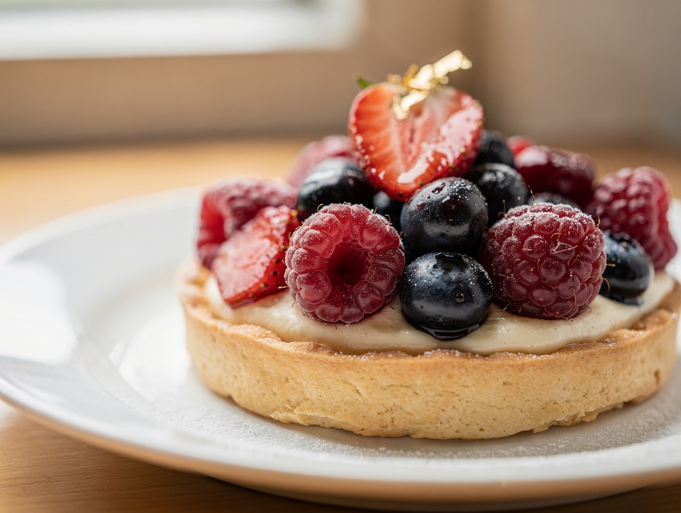 Fresh fruit and honey pastry served on rustic pottery plate