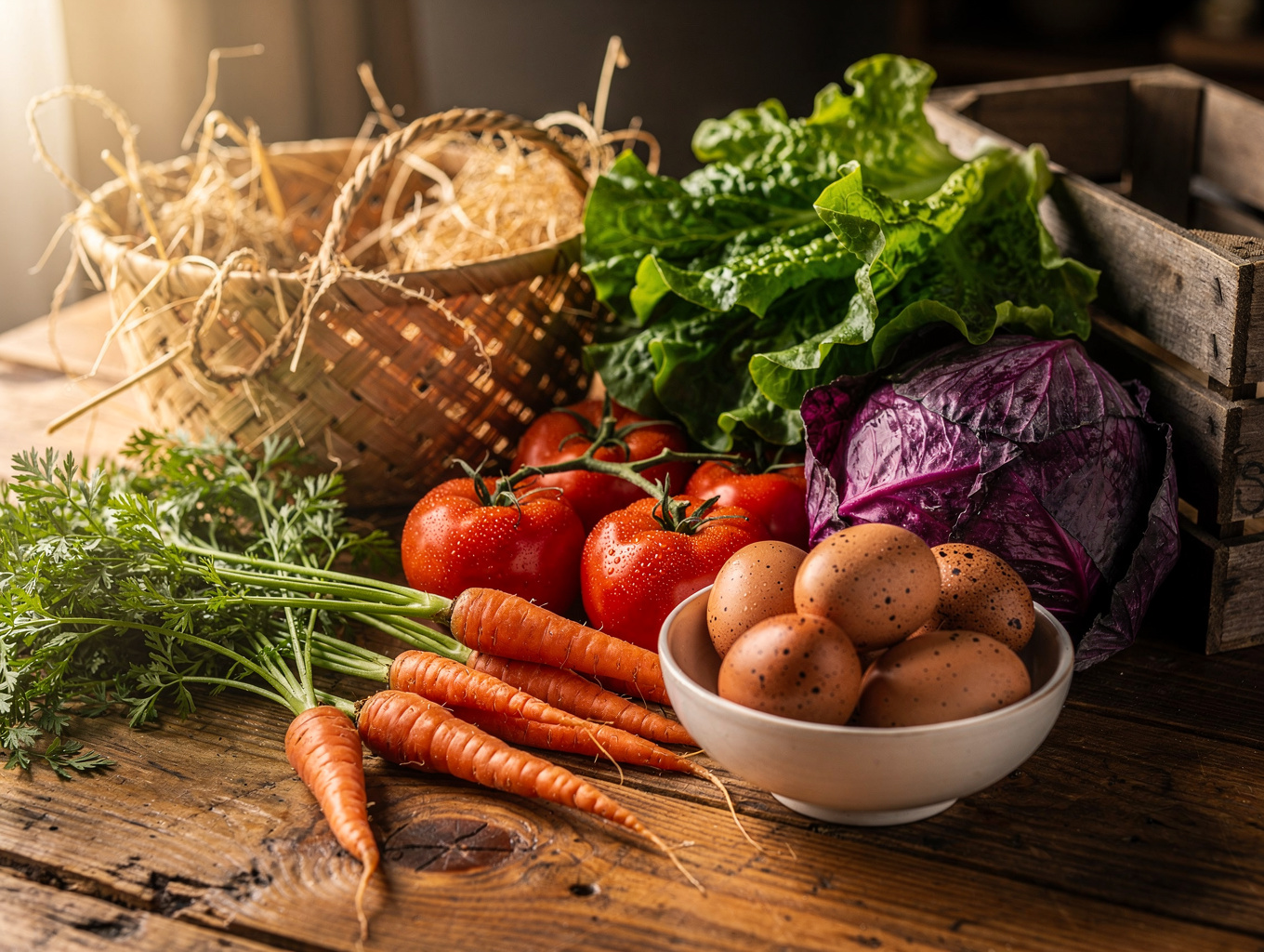 Freshly harvested heirloom vegetables in a rustic wooden basket
