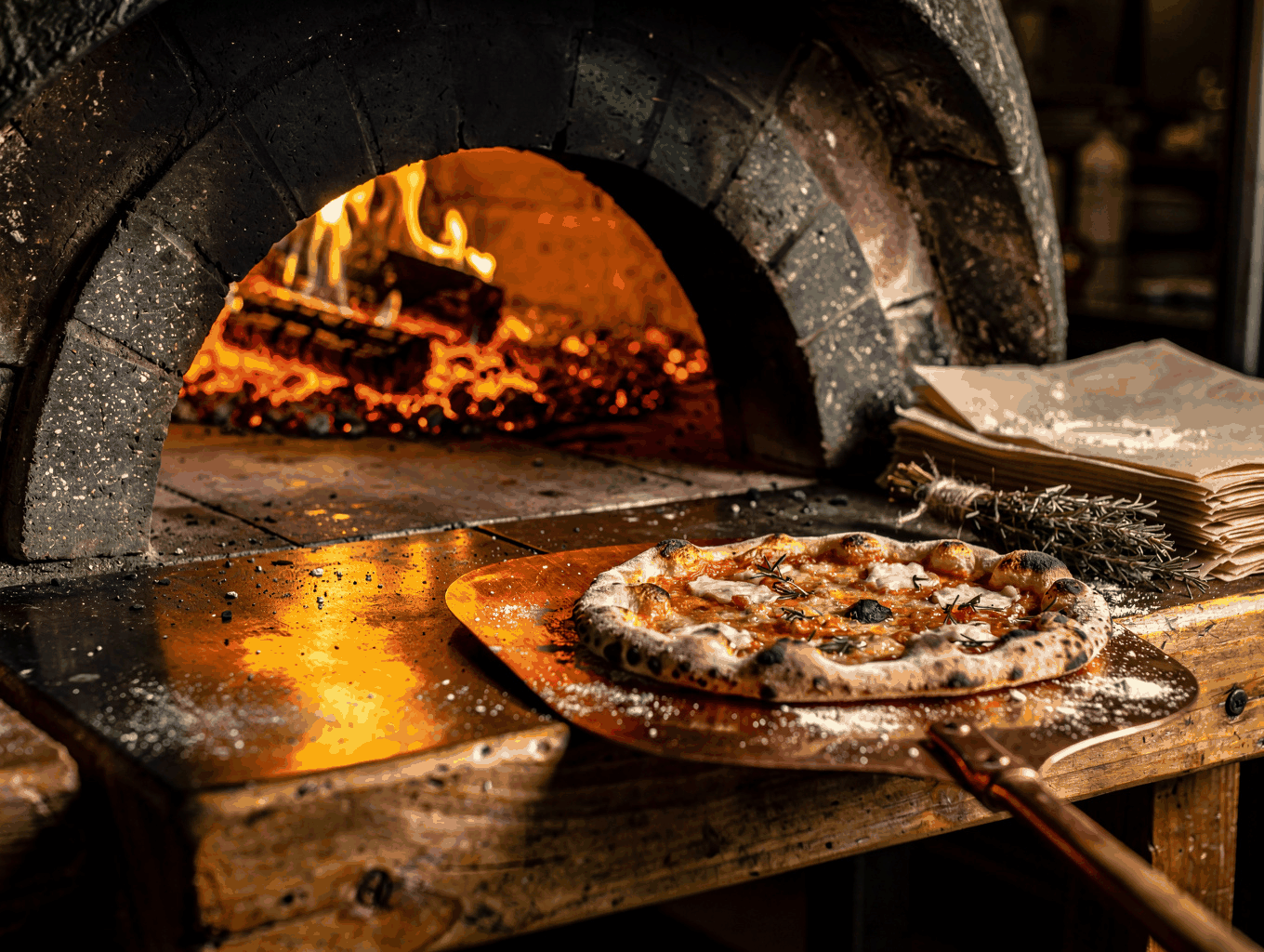Chef tending embers in a wood-fired stone hearth oven