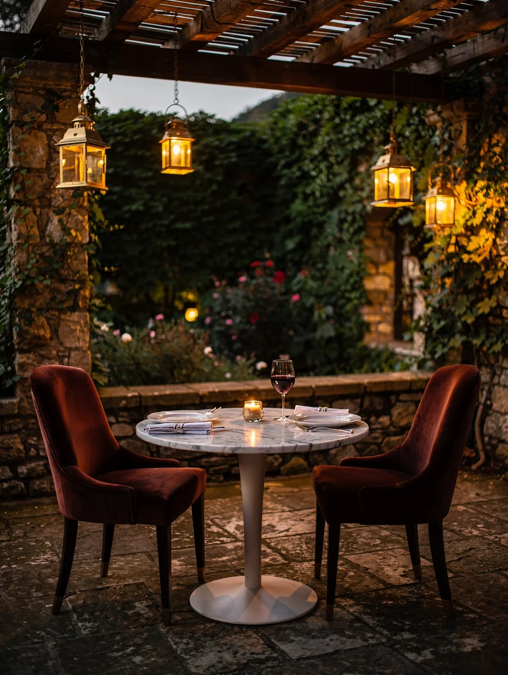Warmly lit outdoor terrace dining area at dusk