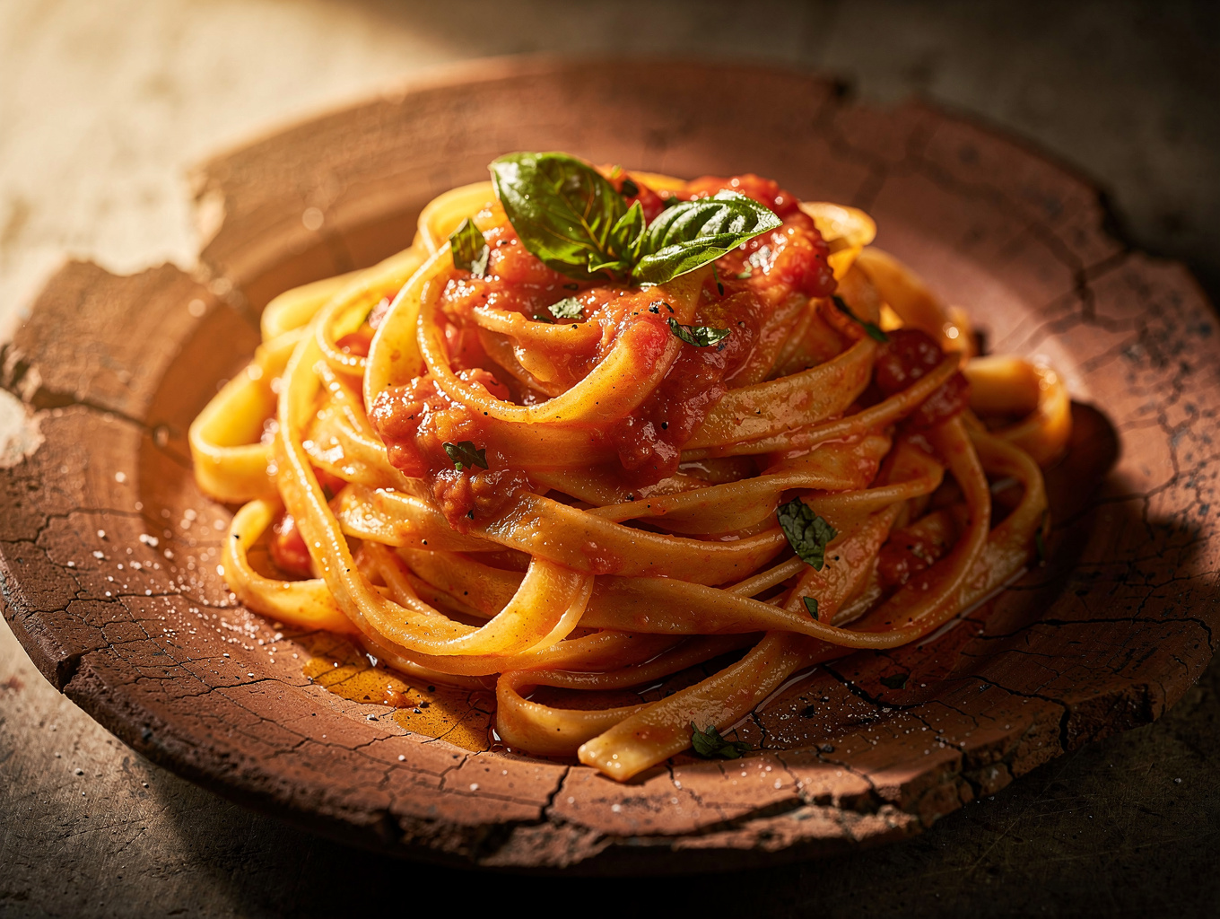 Hand-rolled pasta prepared on warm ceramic dish with fresh herbs