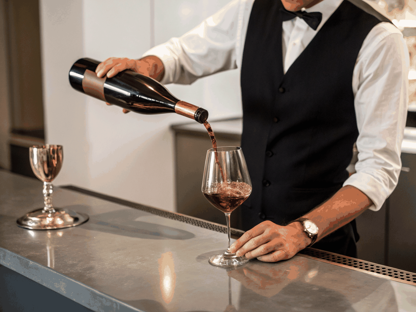 Sommelier pouring a glass of red wine in the restaurant cellar
