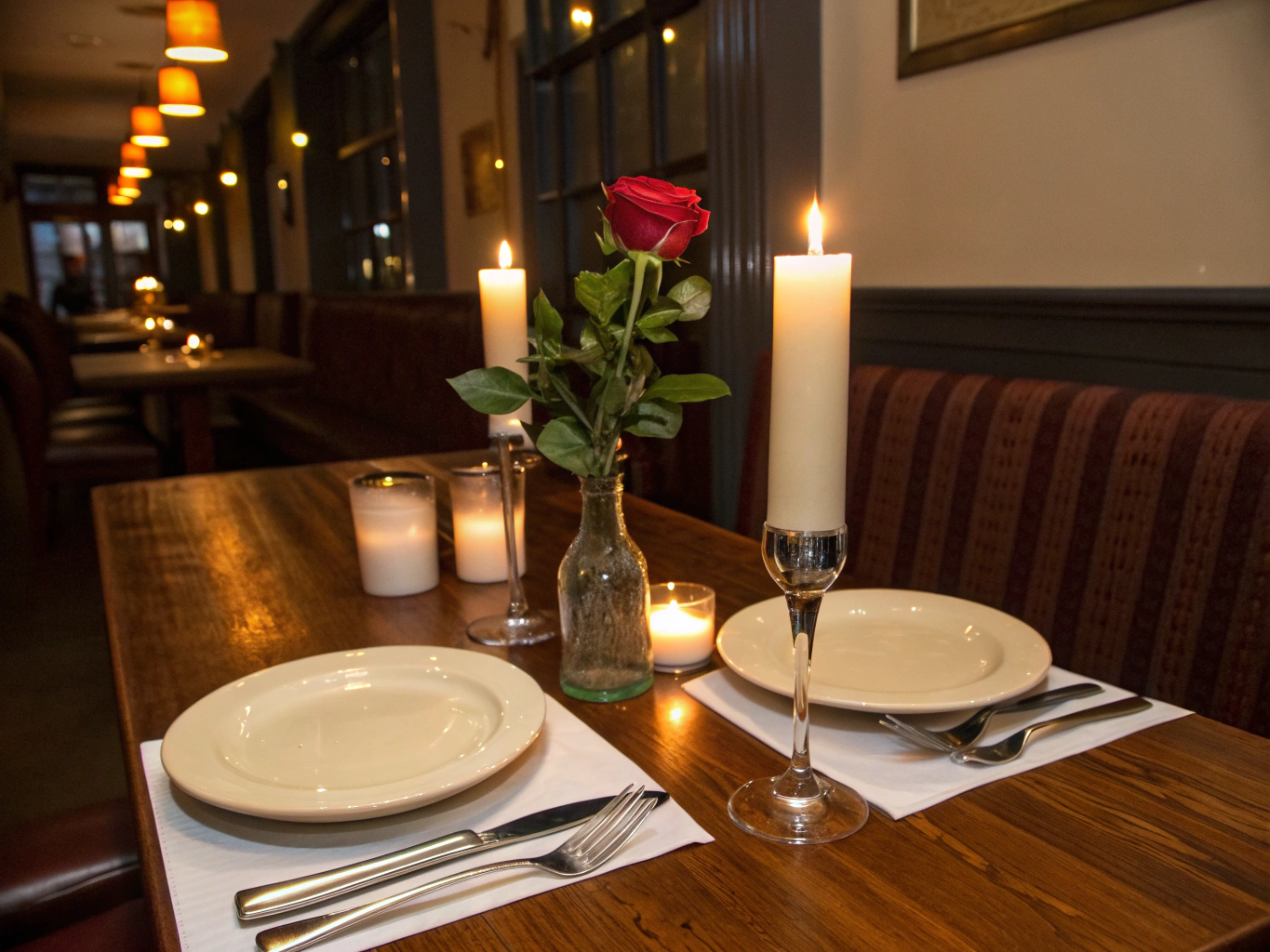 Private table setting with flickering candles and fine glassware